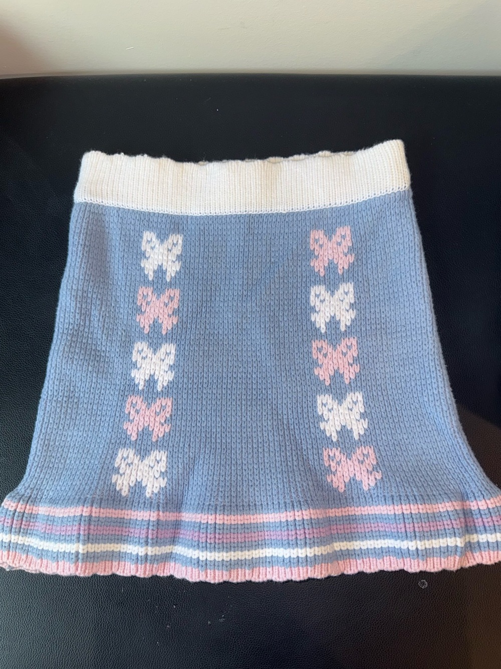 LoveShackFancy Pastel Blue Knit A-Line Skirt with Pink & White Butterflies
